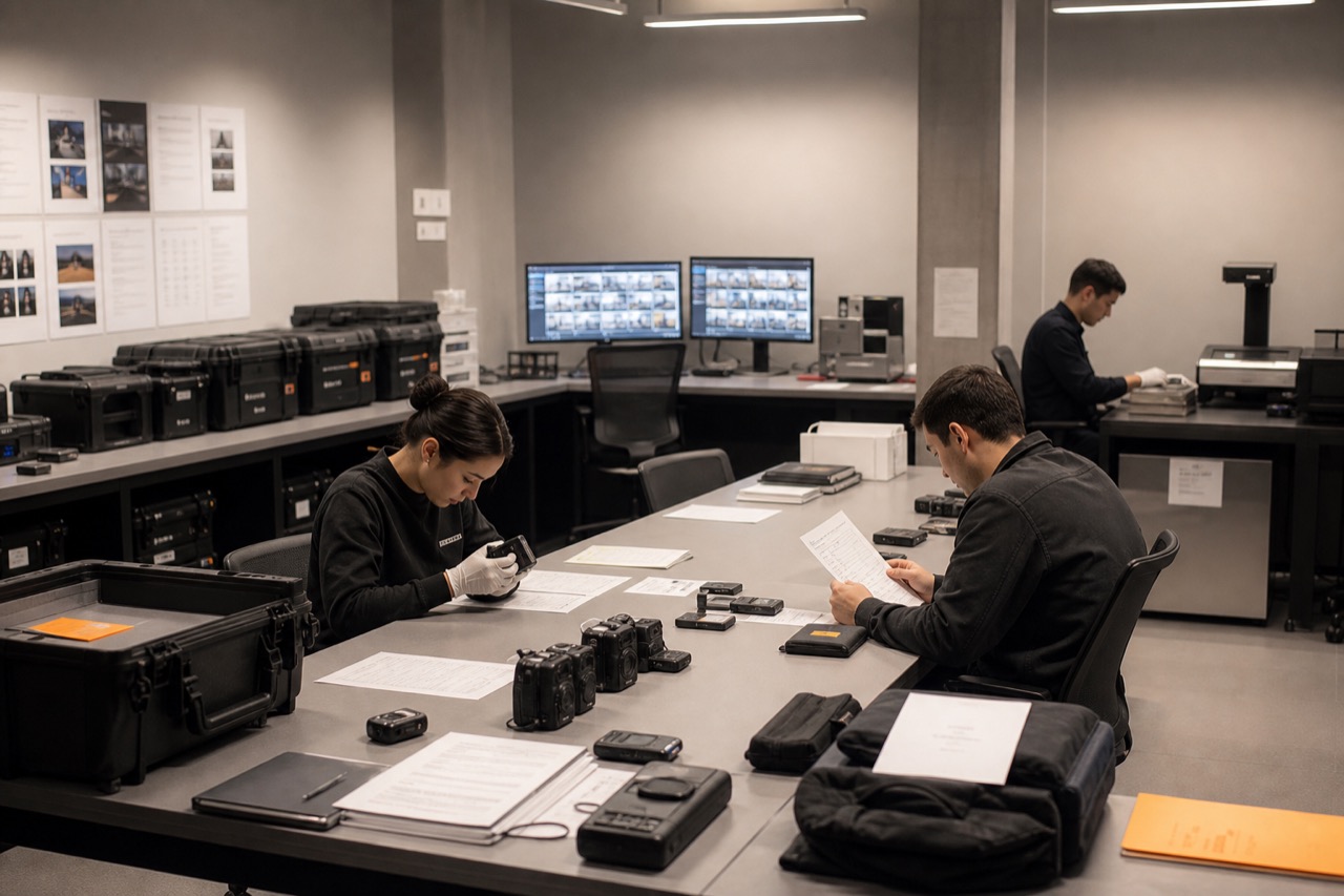 Quality reviewers verifying field cameras, record sheets, and captured footage in an operational data lab