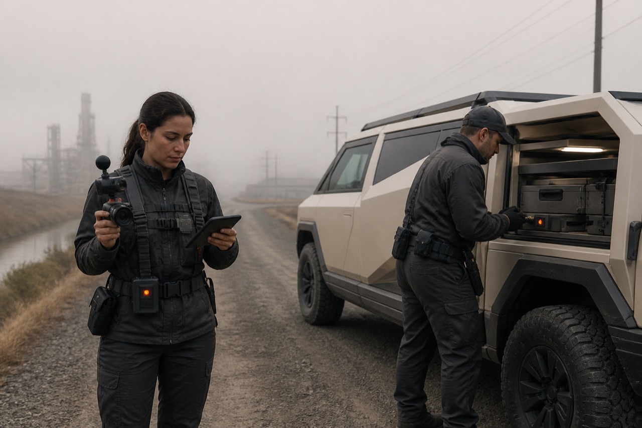 A field collector recording a service technician beside a mobile capture vehicle