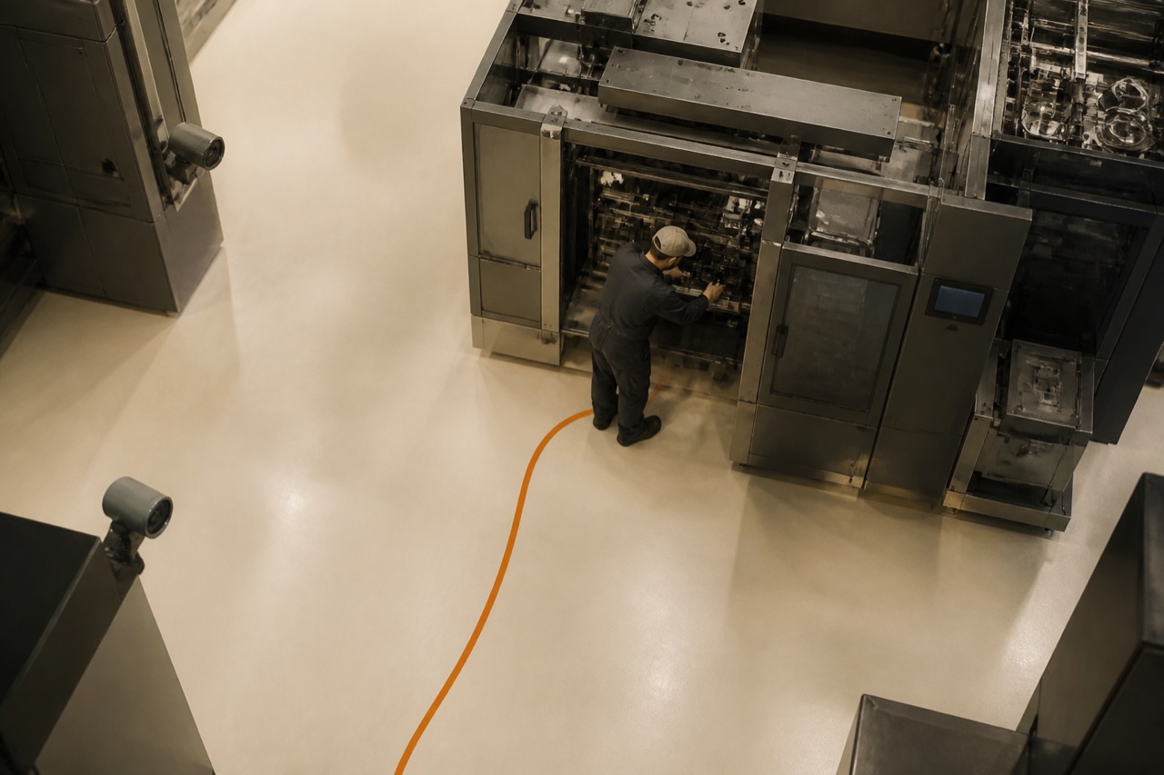 Overhead capture of a technician clearing a machine while ceiling sensors trace the actual route